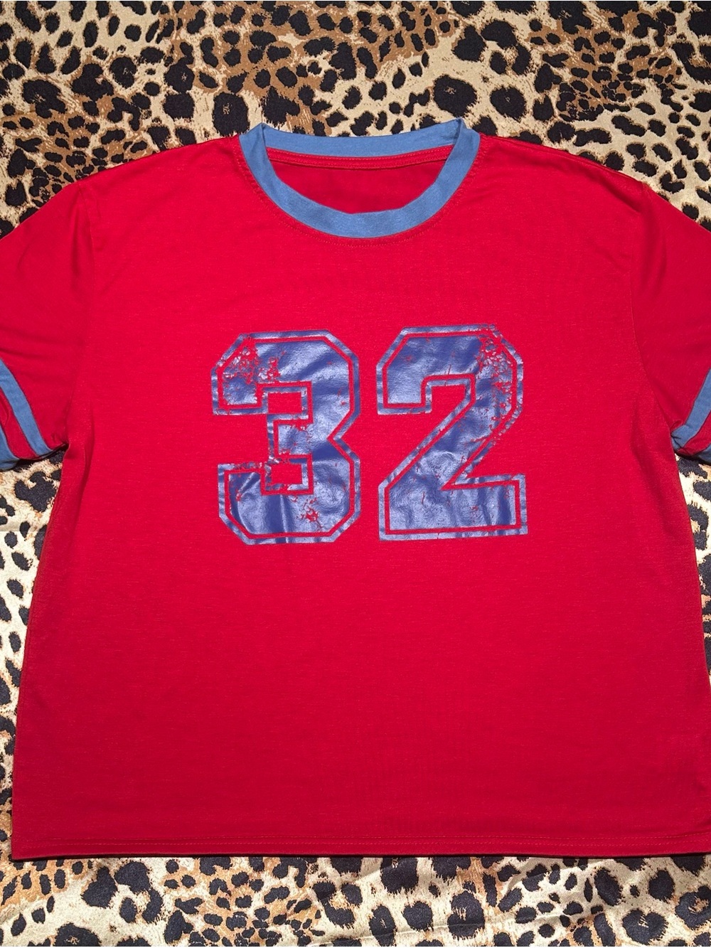 SHEIN Red Blue Number 32 Graphic Red Ringer Tee